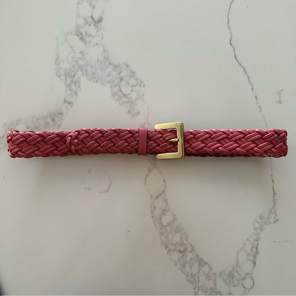 Vintage Talbots Braided Leather Belt Solid Brass Square Buckle Gloss Pink M - Picture 8 of 8